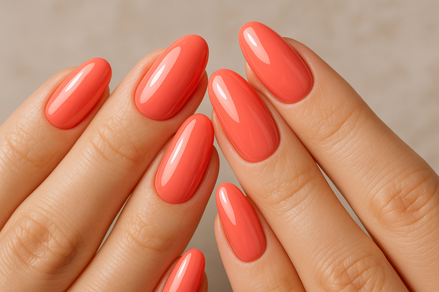 Close-up of hands with coral-pink nail polish on a neutral background