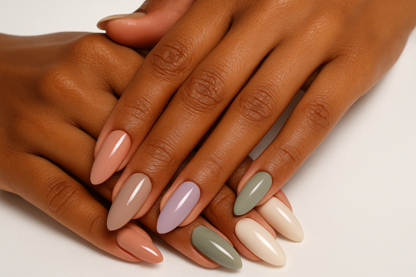 Close-up of hands with various pastel nail colors on a neutral background