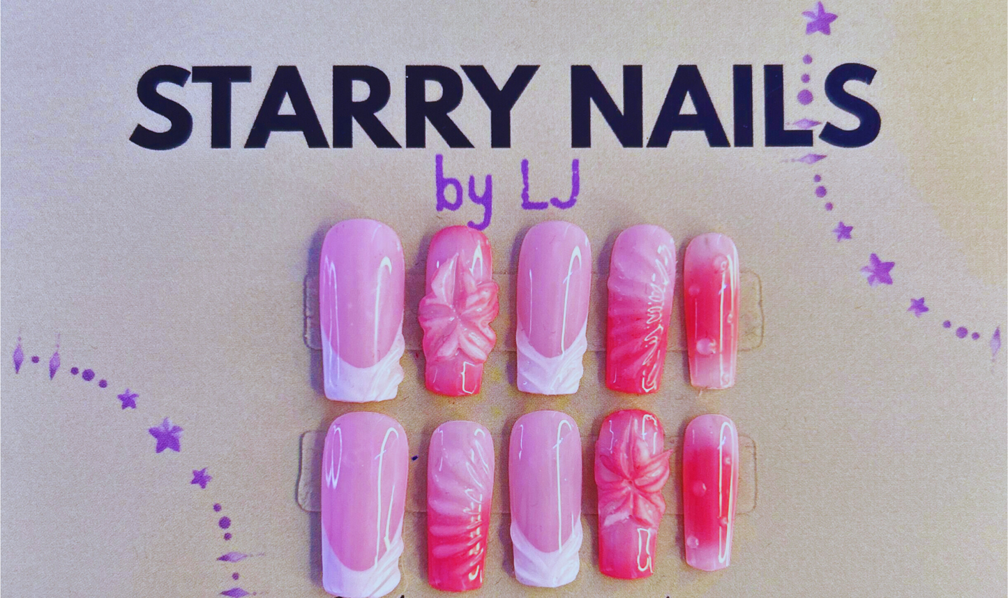Set of pink and pink coral nail designs with 'Starry Nails by LJ' branding on a light background.