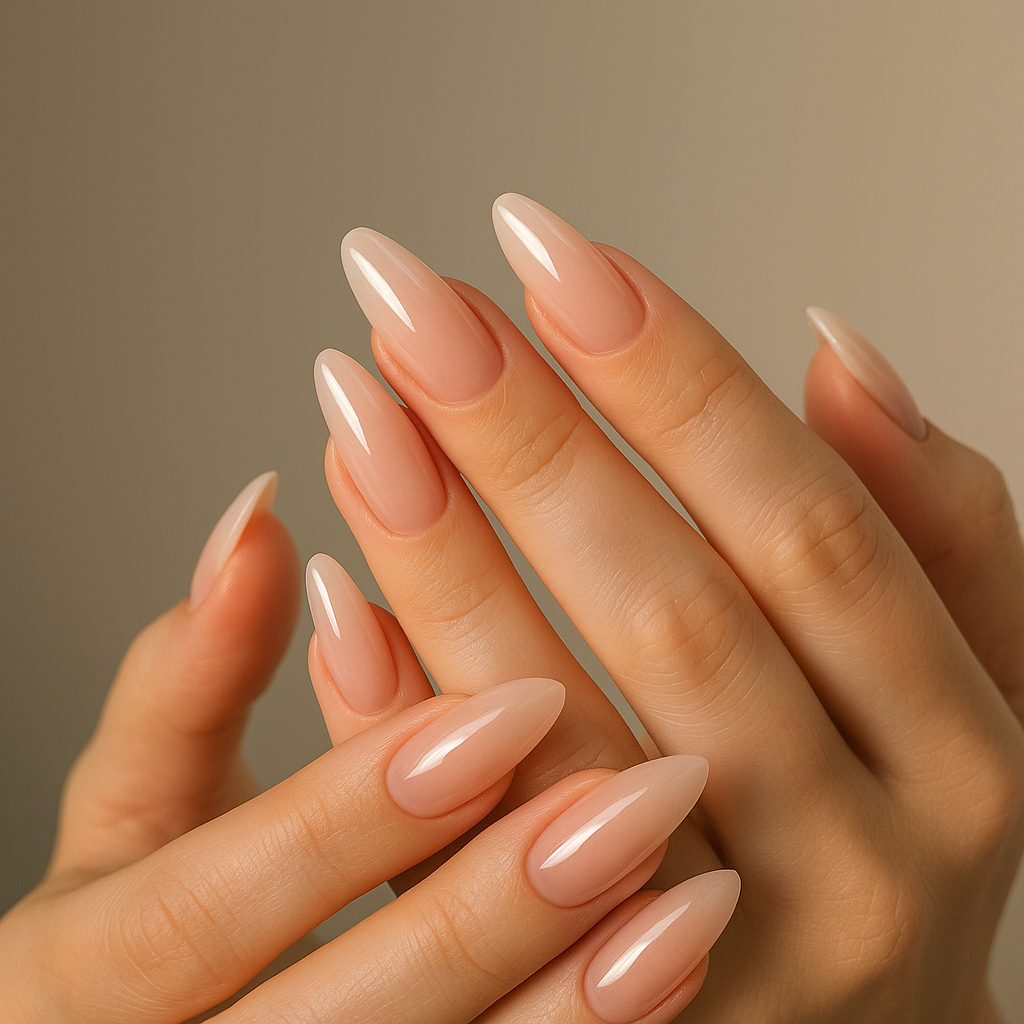 Close-up of hands with pink nail polish on a neutral background